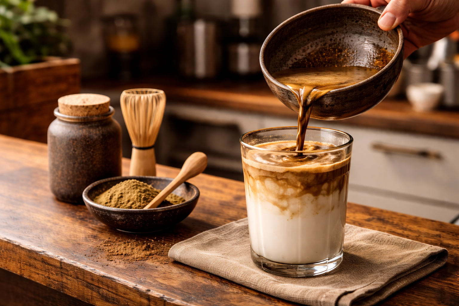 Hojicha Latte bei der Zubereitung im barista cafe