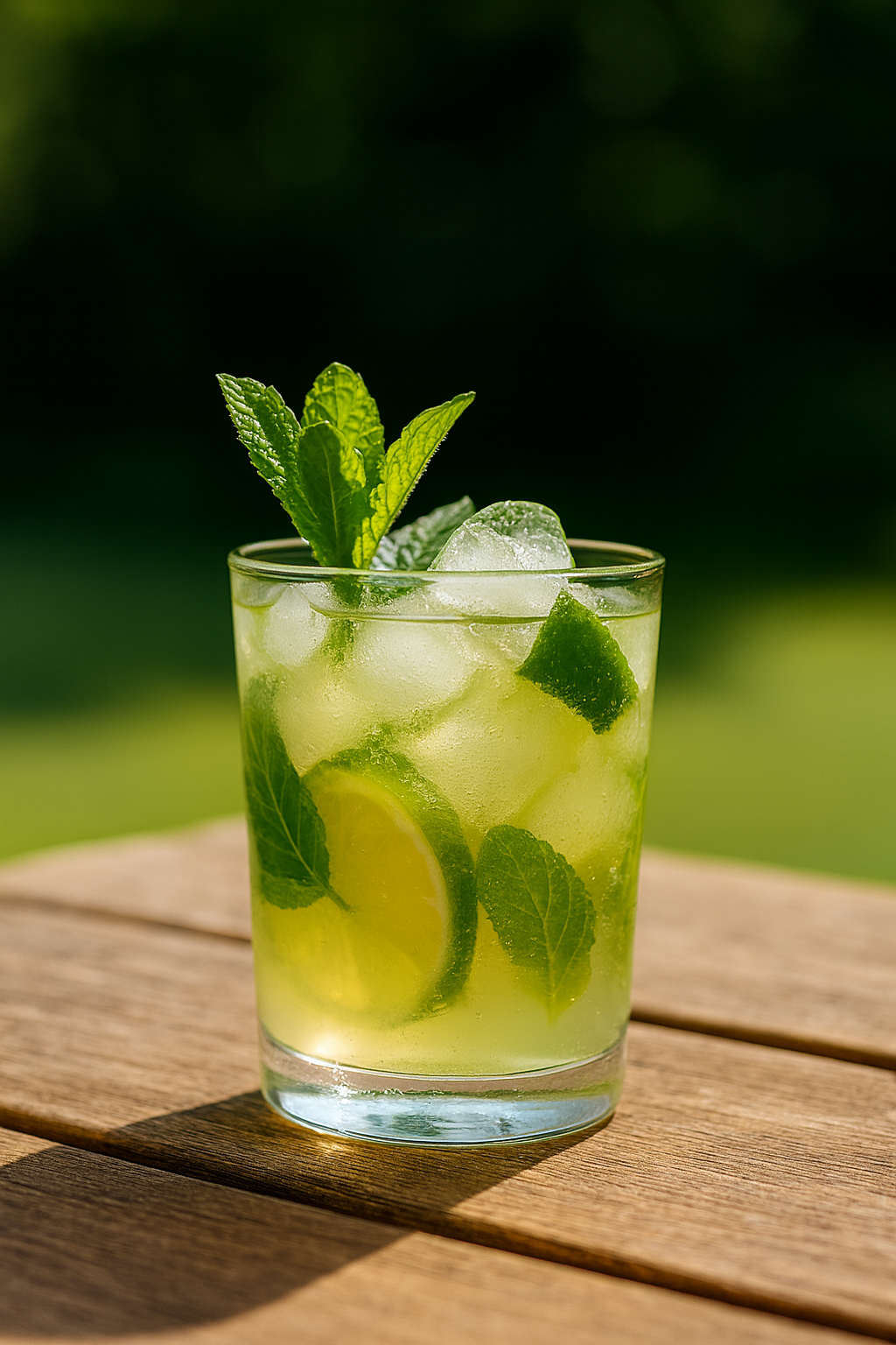 im Glas als Longdrink präsentiert Mate Tee mit Minze und Gurke