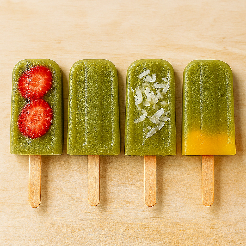 viermal Matcha Wassereis am Stiel gemischt mit Erdbeere, Normal/Classic, Kokos, Mango