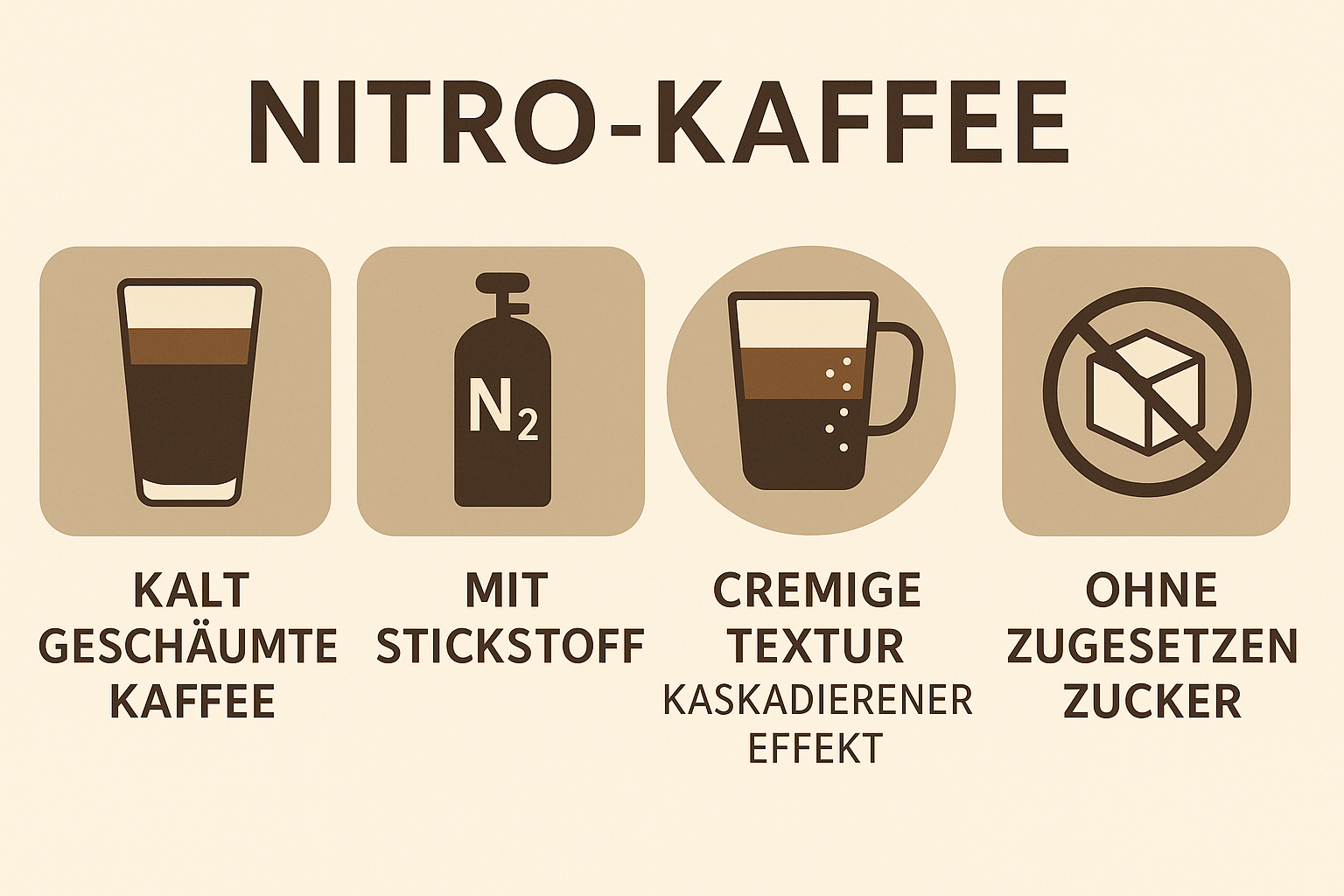 Das Schaubild zeigt die vier Vorteile und Charakteristiken von Nitro Cold Brew Kaffee