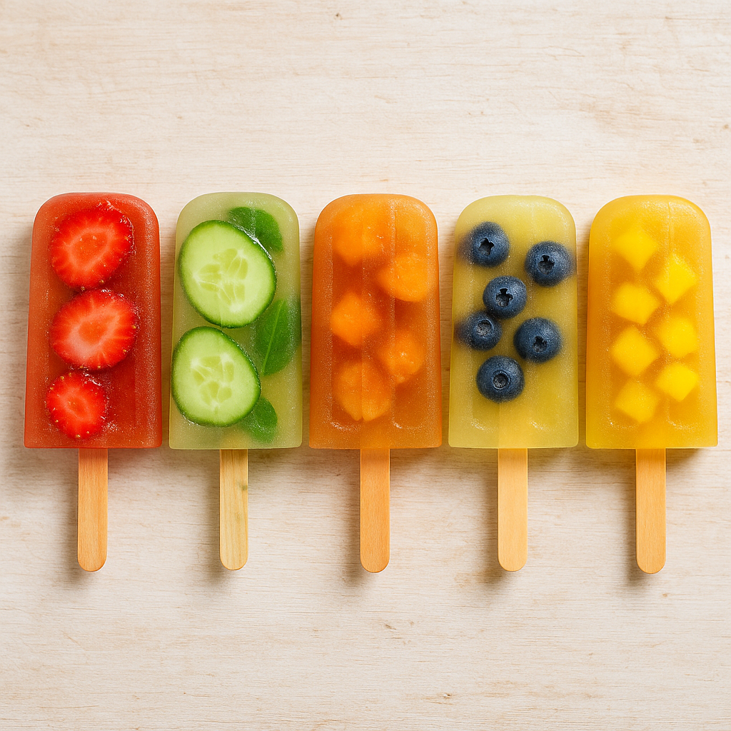 Eis am Stiel von links nach rechts: Früchtetee-Erdbeer-Eis, Pfefferminz-Gurke-Eis, Rooibos-Pfirsich-Eis, Zitronenmelisse-Blaubeer-Eis, Grüner Tee mit Mango (für ältere Kinder ab 14 Jahren)