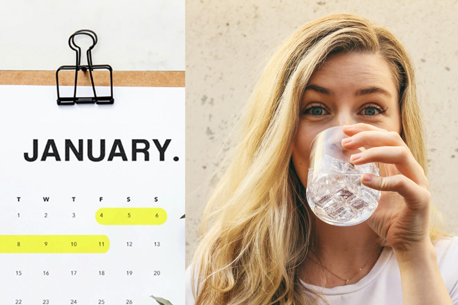 Kalenderbild mit January und einer blonden Frau die aus einem Wasserglas trinkt