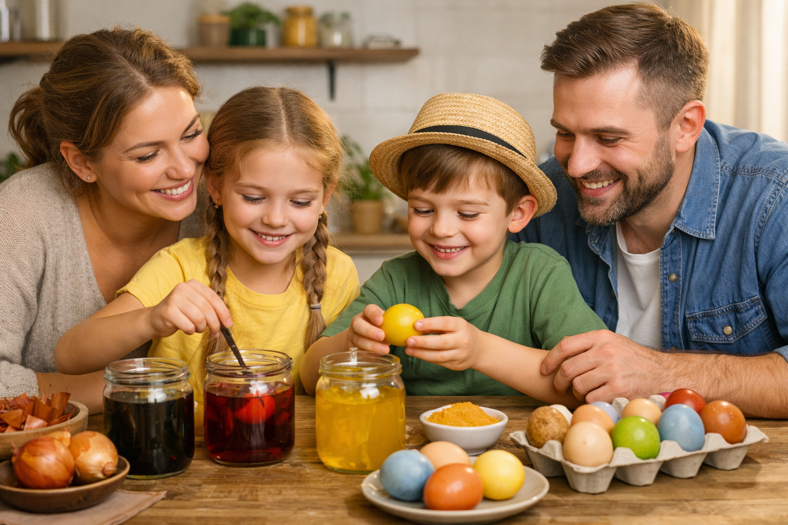 Eier mit Tee färben - Familie mit zwei Kindern