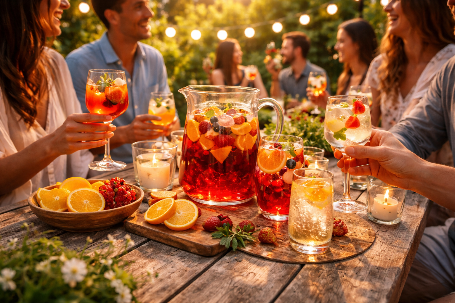 sommerdrinks aus früchtetee im garten in der gruppe am sommerabend genießen